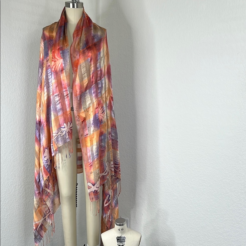 Fringe Strioed Orange and Purple Floral Shawl Scarf Wrap